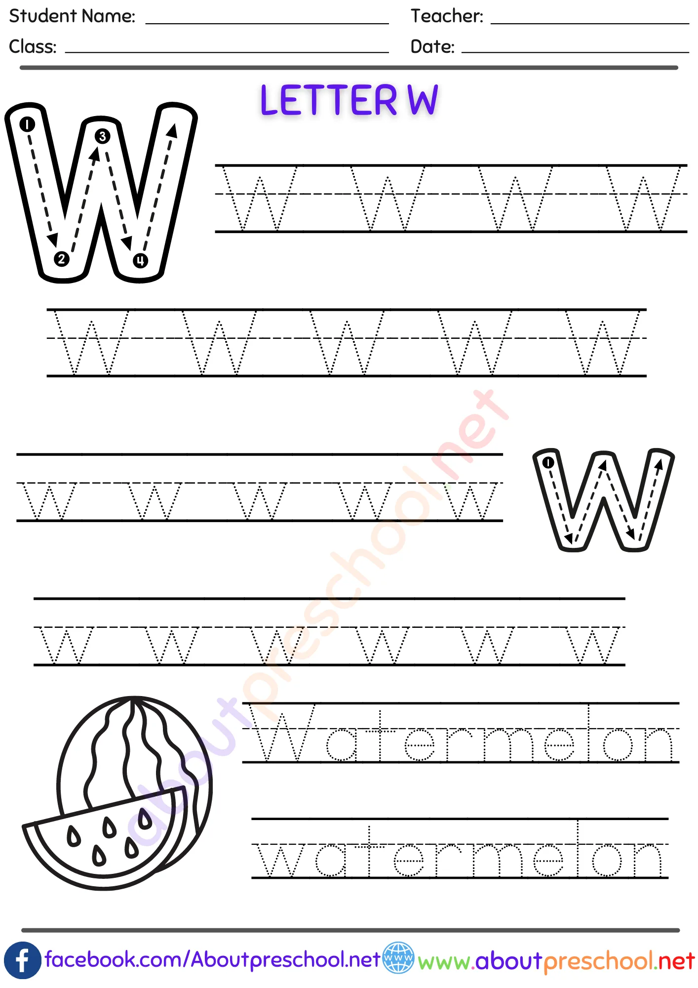 Kindergarten Letter Trace W 2 Kindergarten Letter Trace W