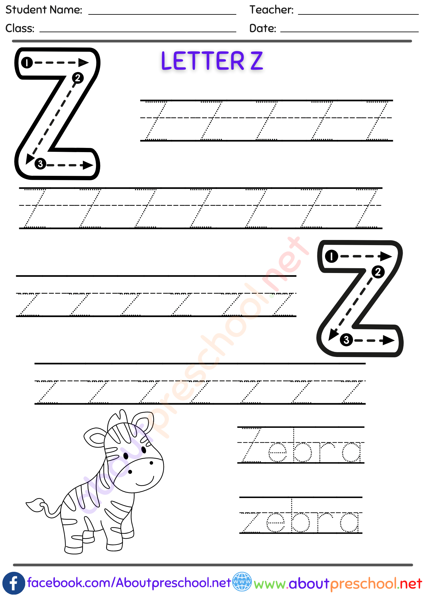 Kindergarten Letter Trace Z