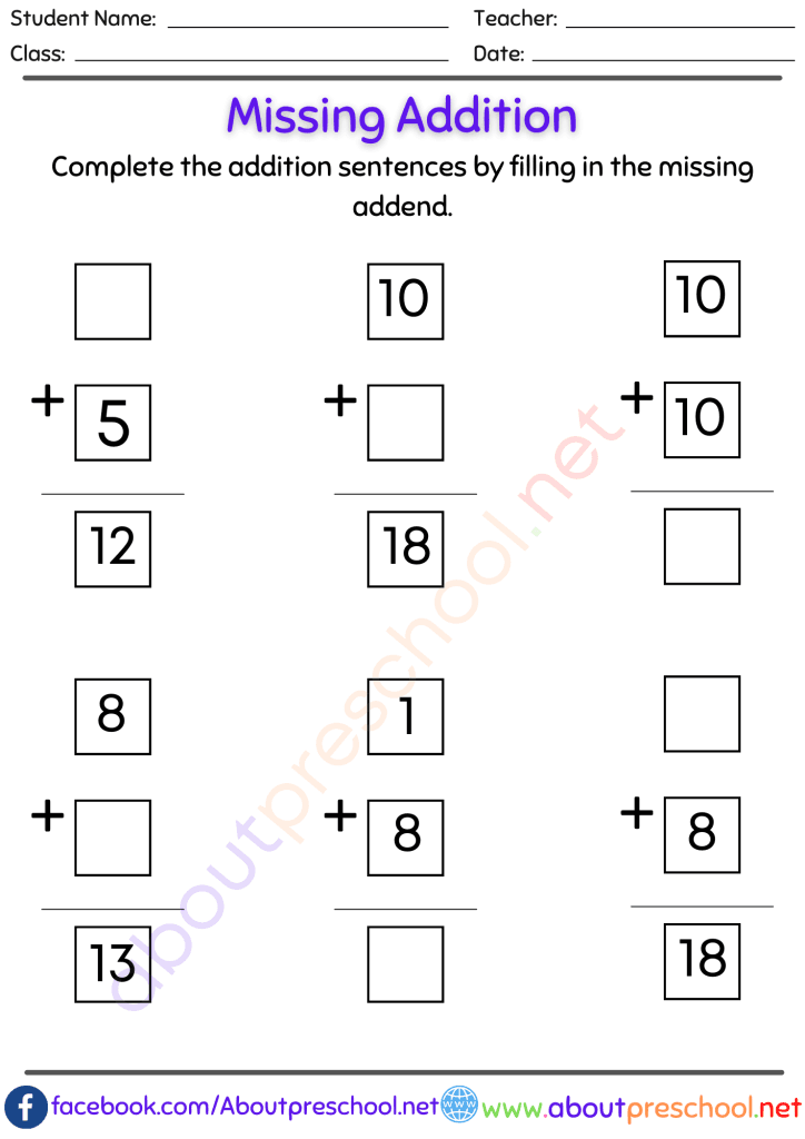Missing number addition worksheets pdf-13 - About Preschool