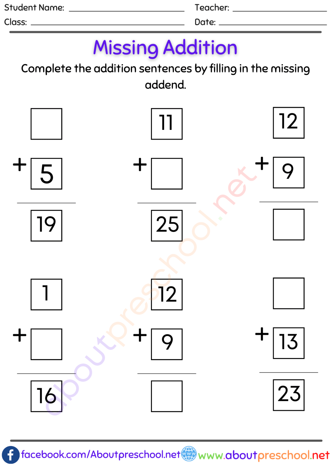 Missing number addition worksheets pdf 21