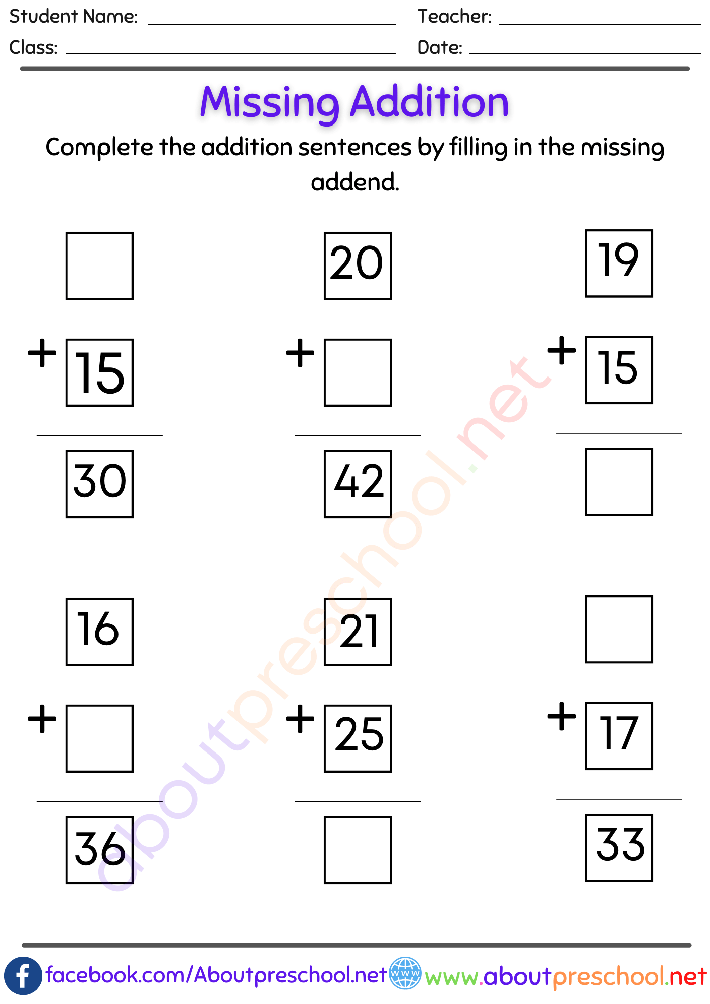 Missing number addition worksheets pdf 28