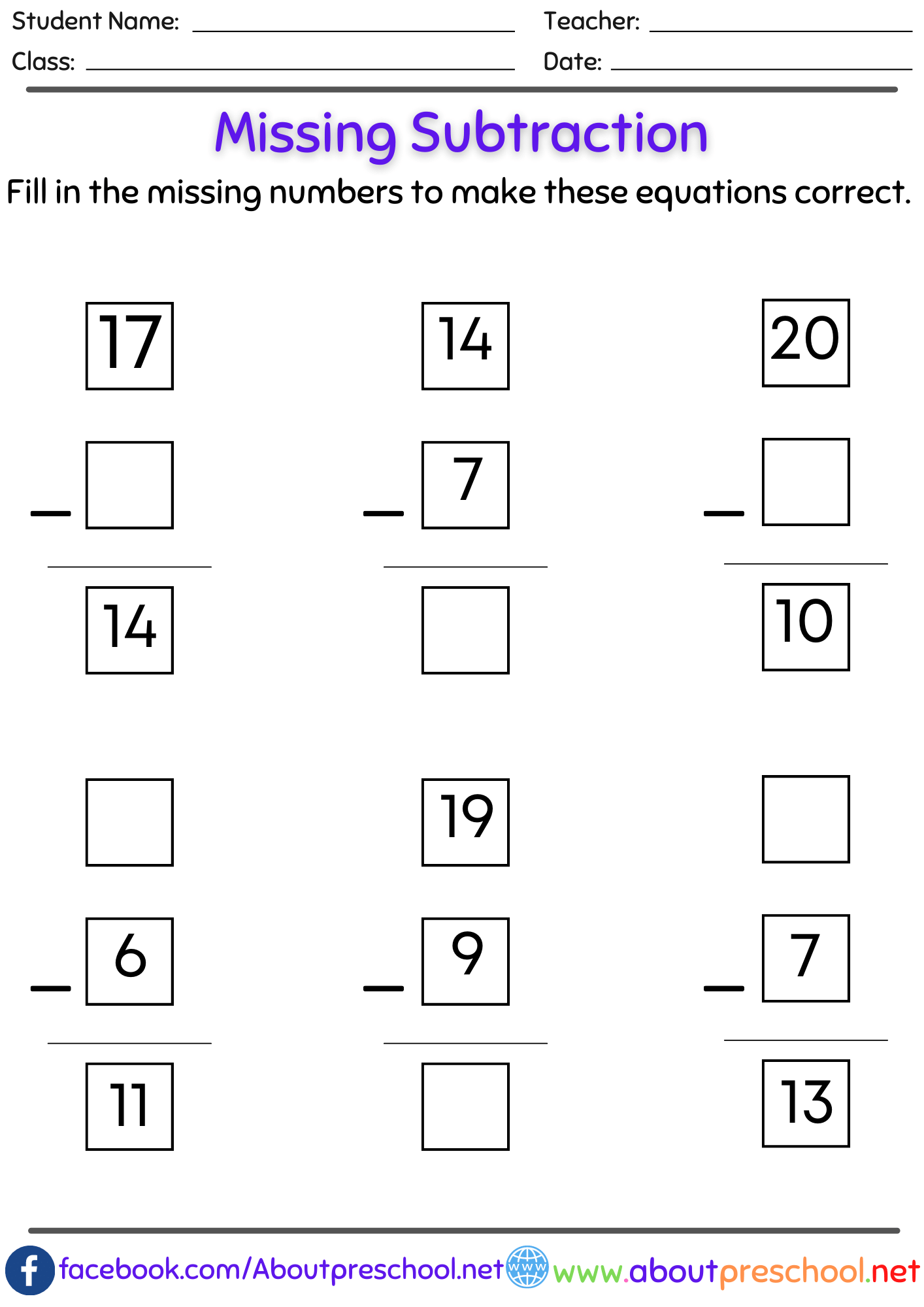 Missing number subtraction worksheets pdf 12