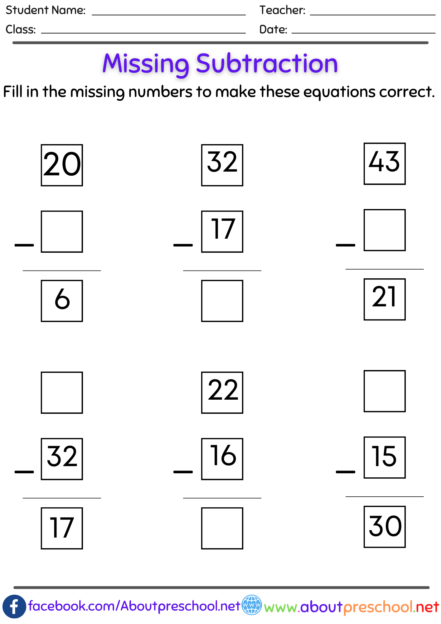 Missing number subtraction worksheets pdf 14