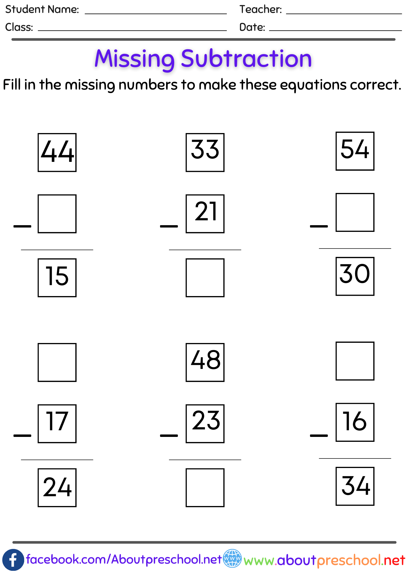 Missing number subtraction worksheets pdf 15