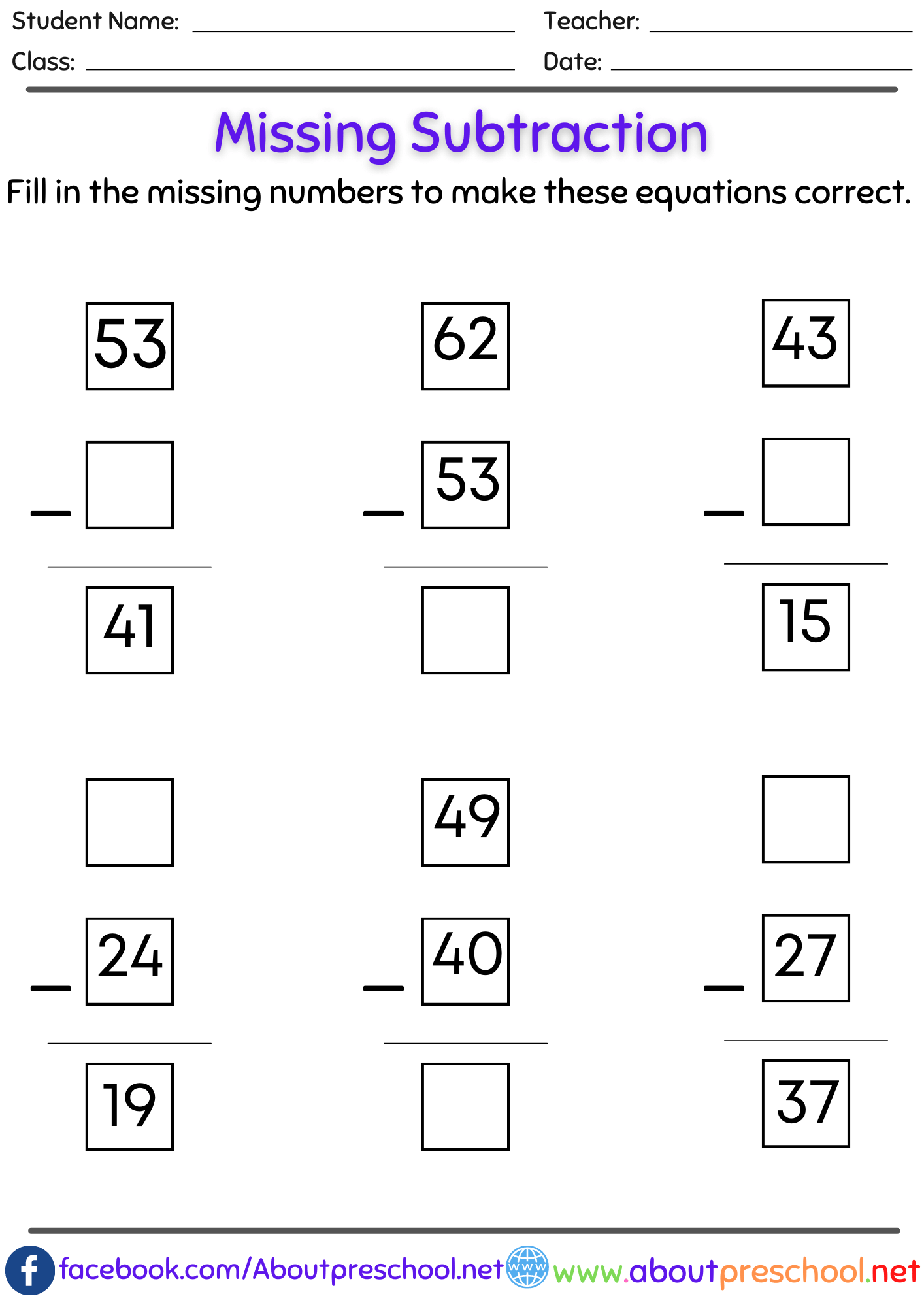 Missing number subtraction worksheets pdf 16