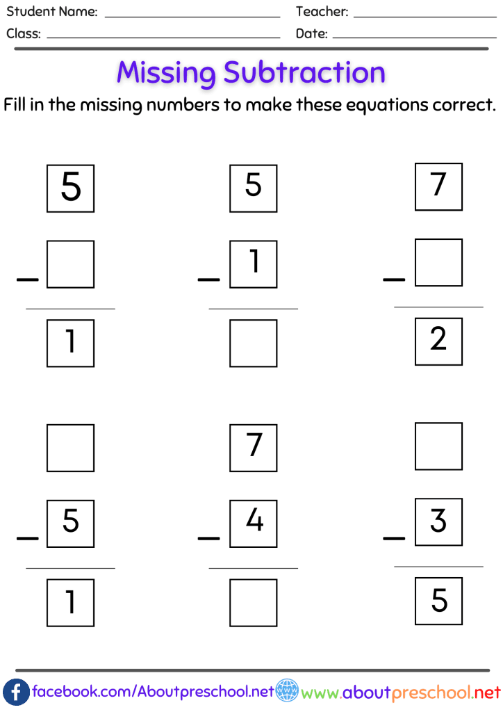 Missing number subtraction worksheets pdf - About Preschool