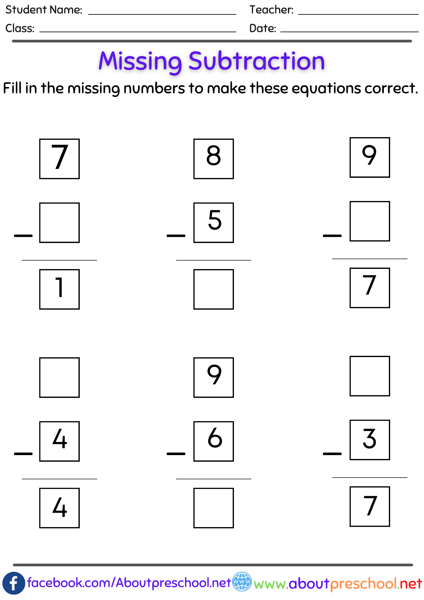 Missing number subtraction worksheets pdf 4