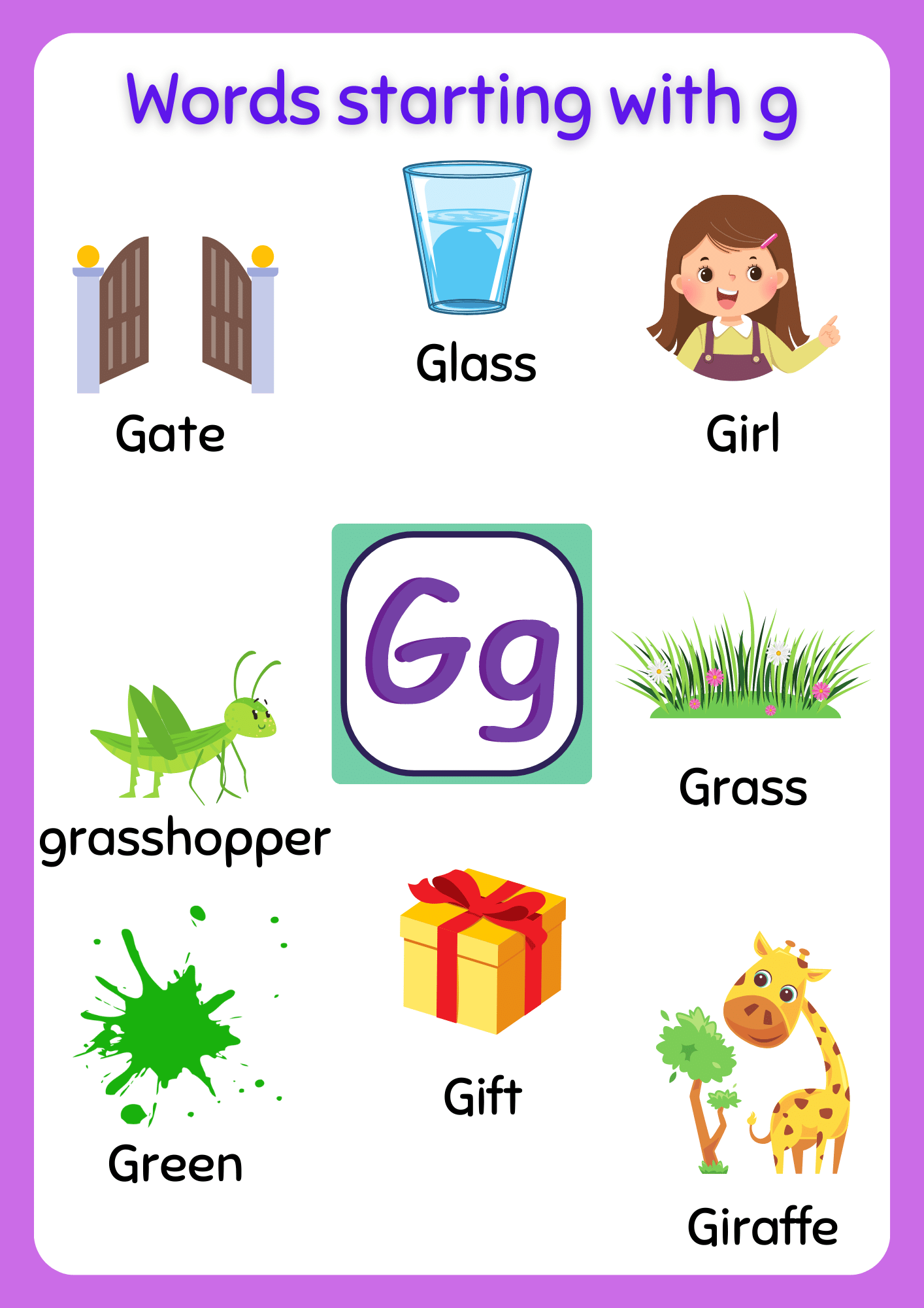 Free Printable words that start with G Worksheet