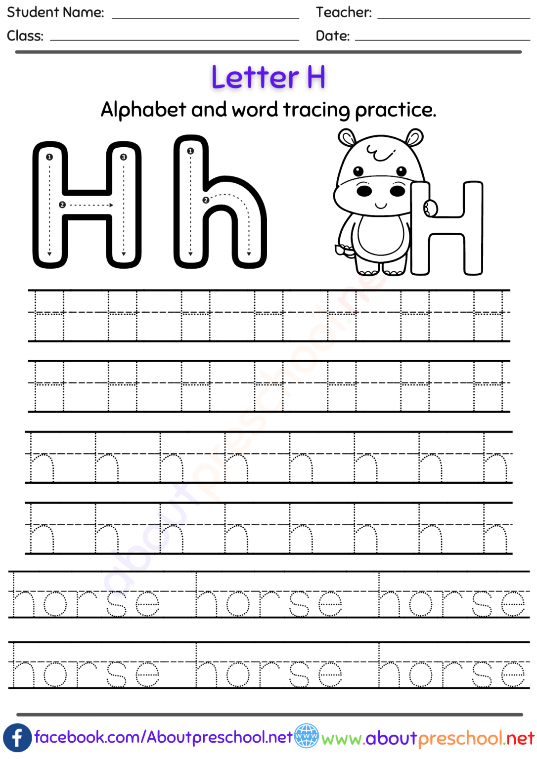 Free letter h alphabet tracing worksheets about preschool