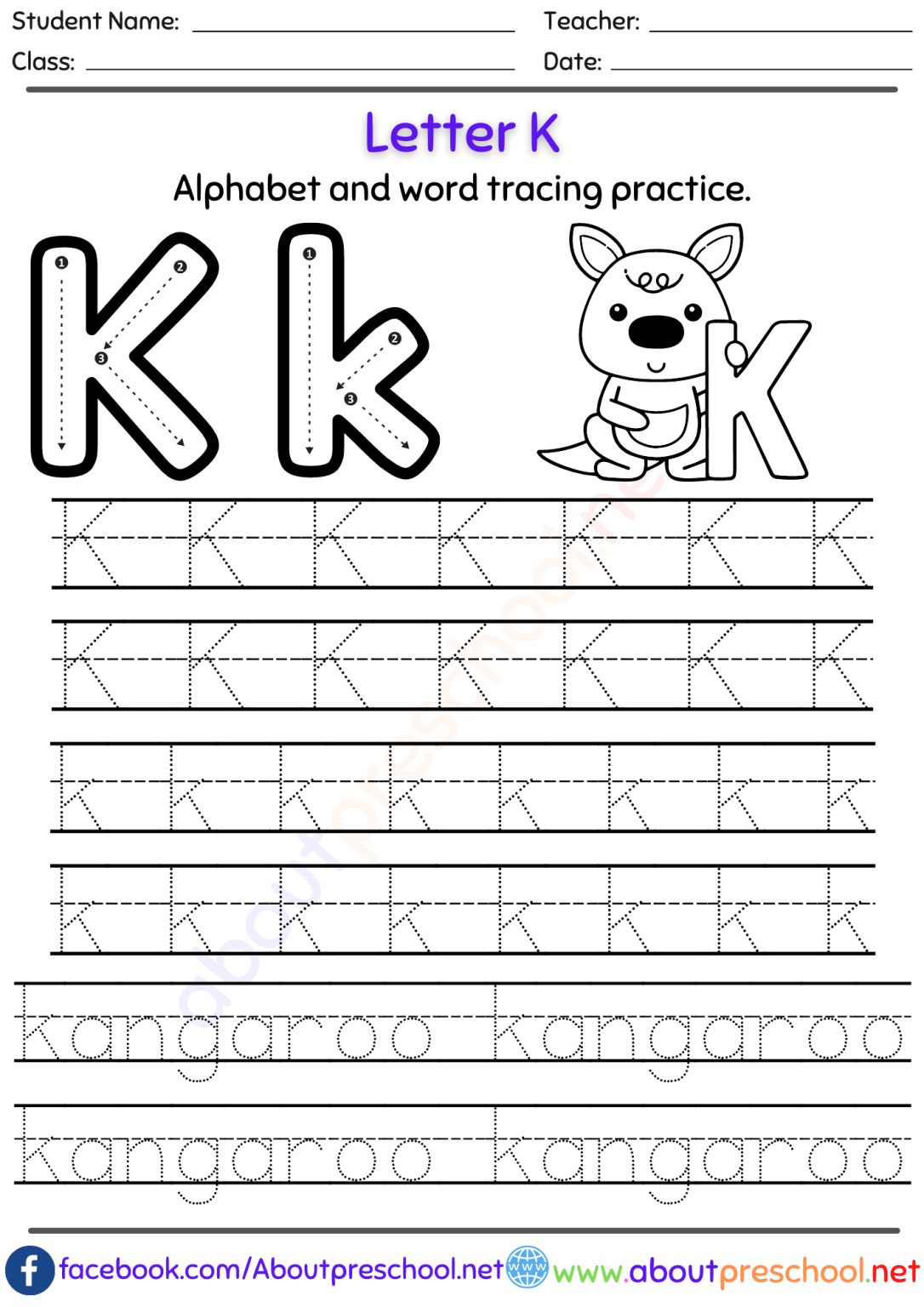 Free Letter K Alphabet tracing worksheets - About Preschool
