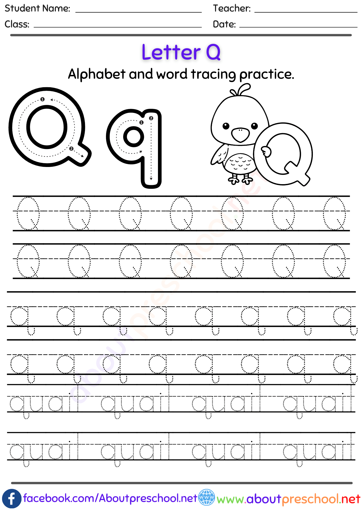 Free Letter Q Alphabet tracing worksheets