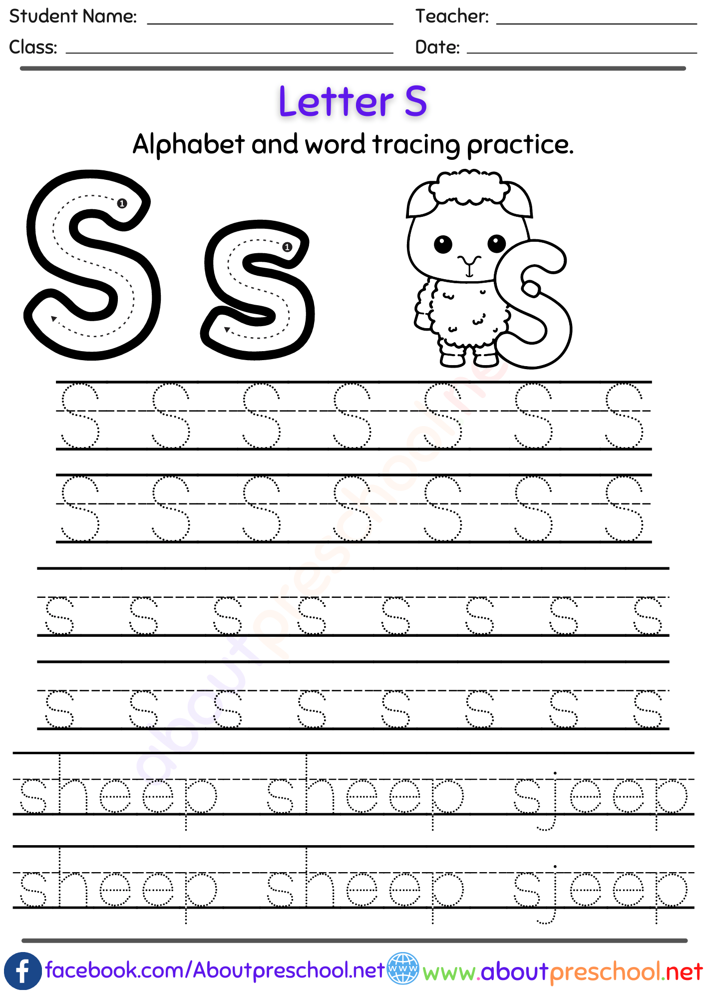 Free Letter S Alphabet tracing worksheets