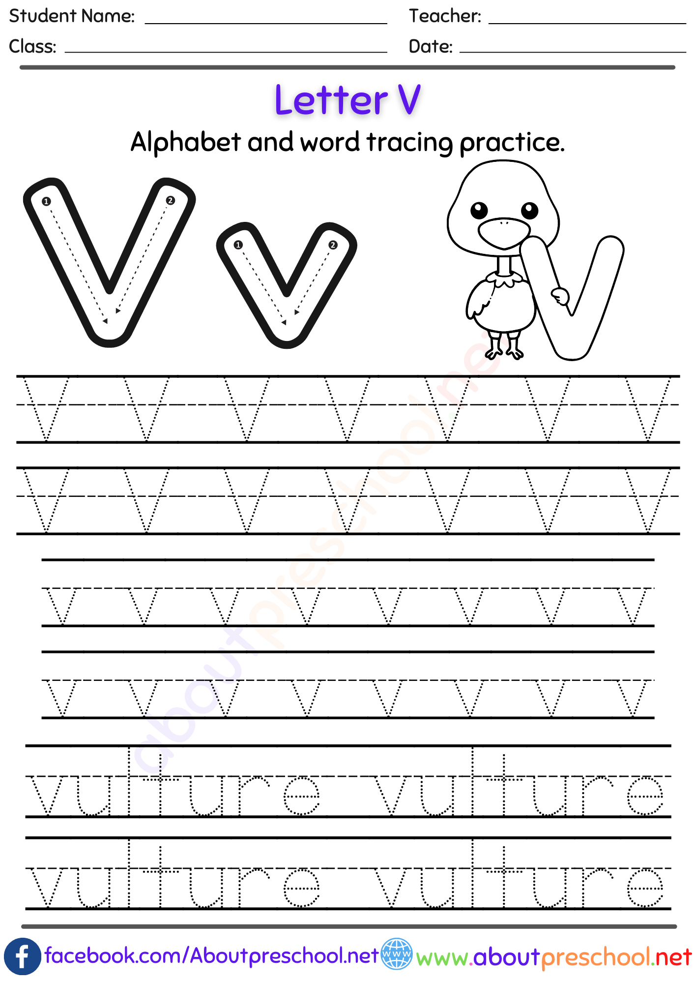 Free Letter V Alphabet tracing worksheets