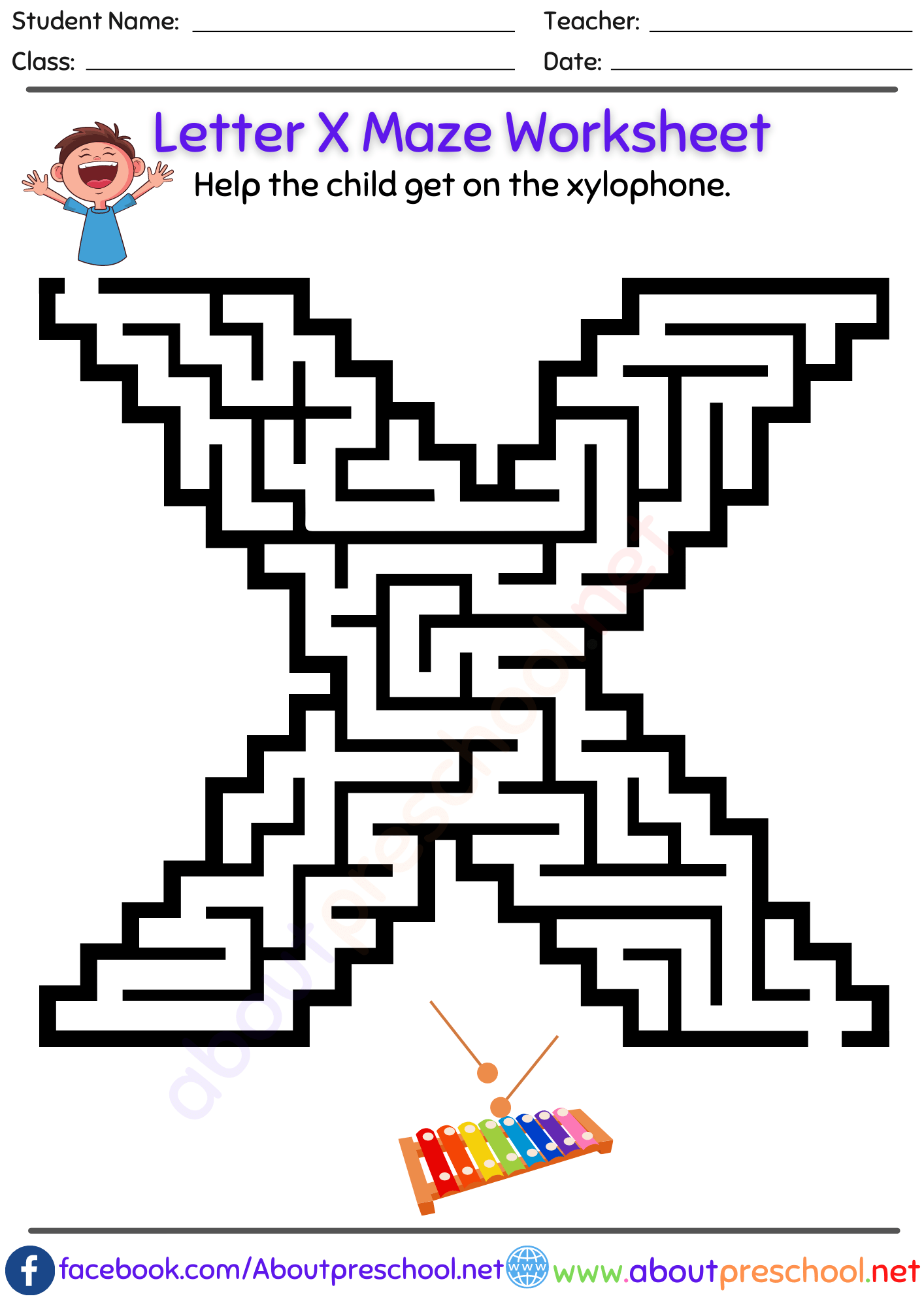 Free Letter X Maze Worksheet