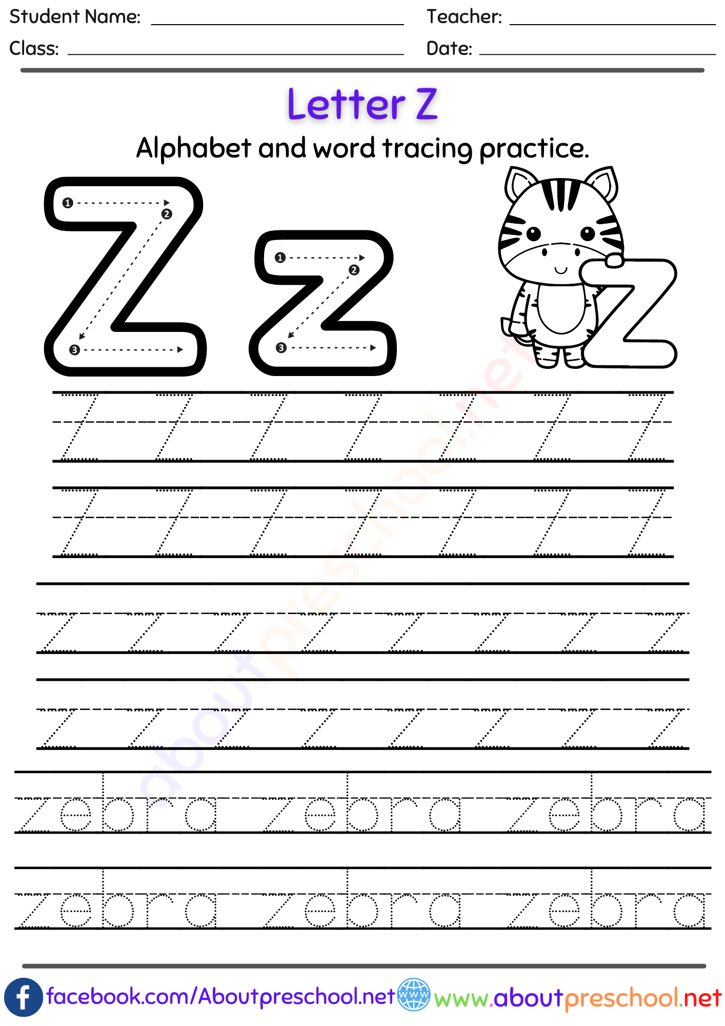 Free Letter Z Alphabet tracing worksheets