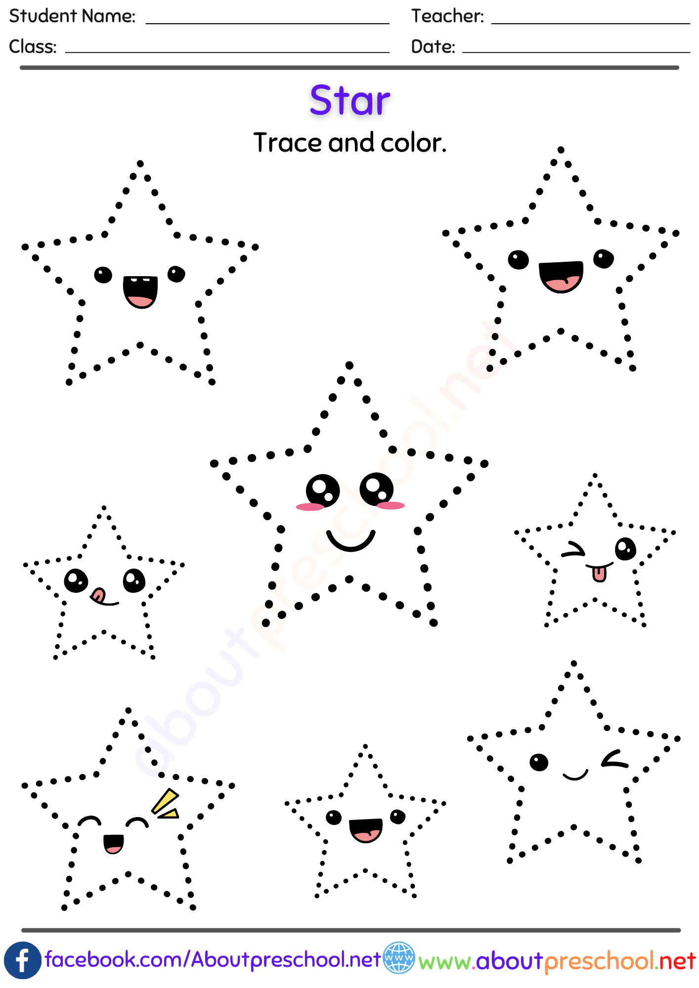 Free Shapes trace and color worksheet Star