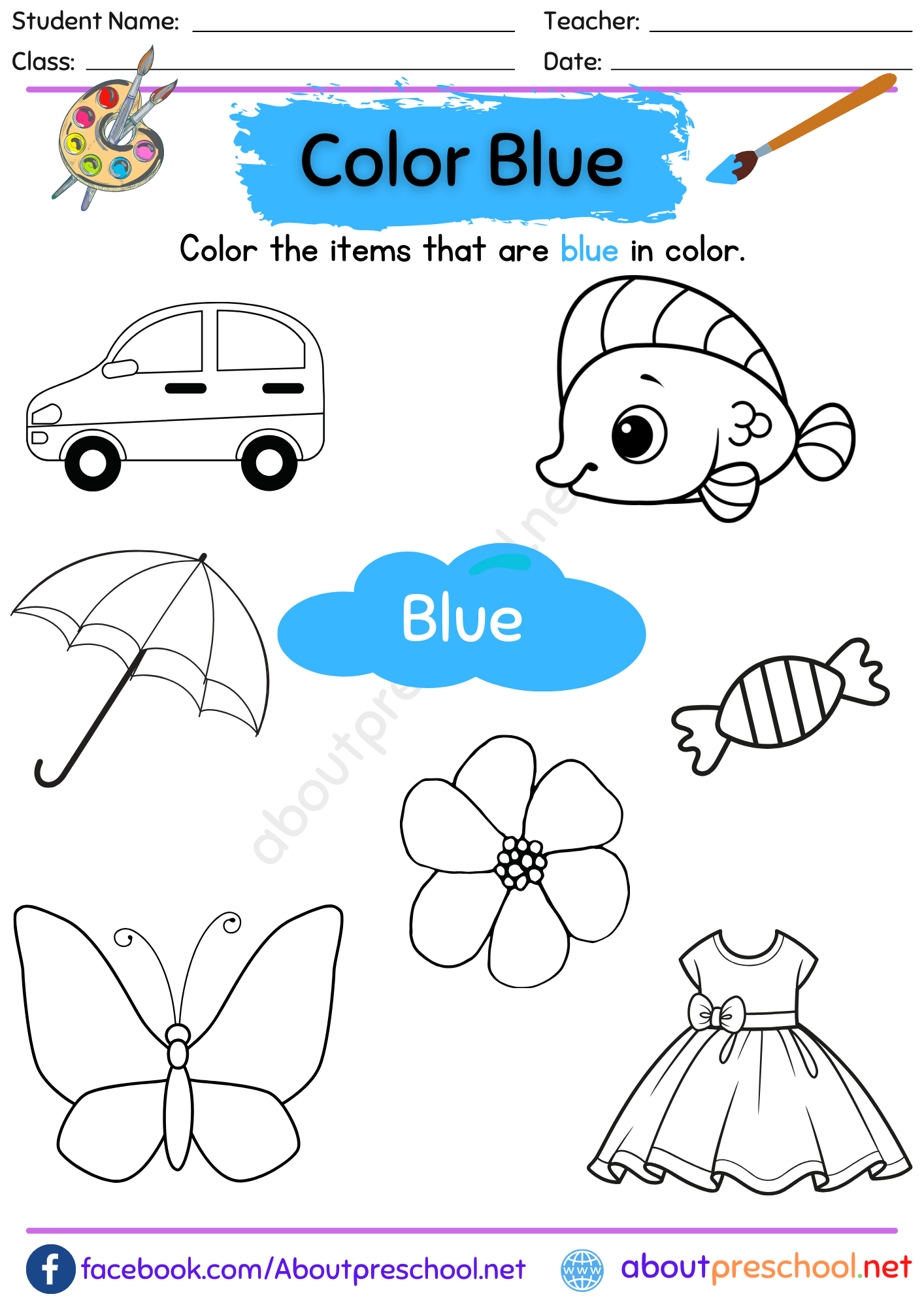 Color Blue Worksheet for Preschool