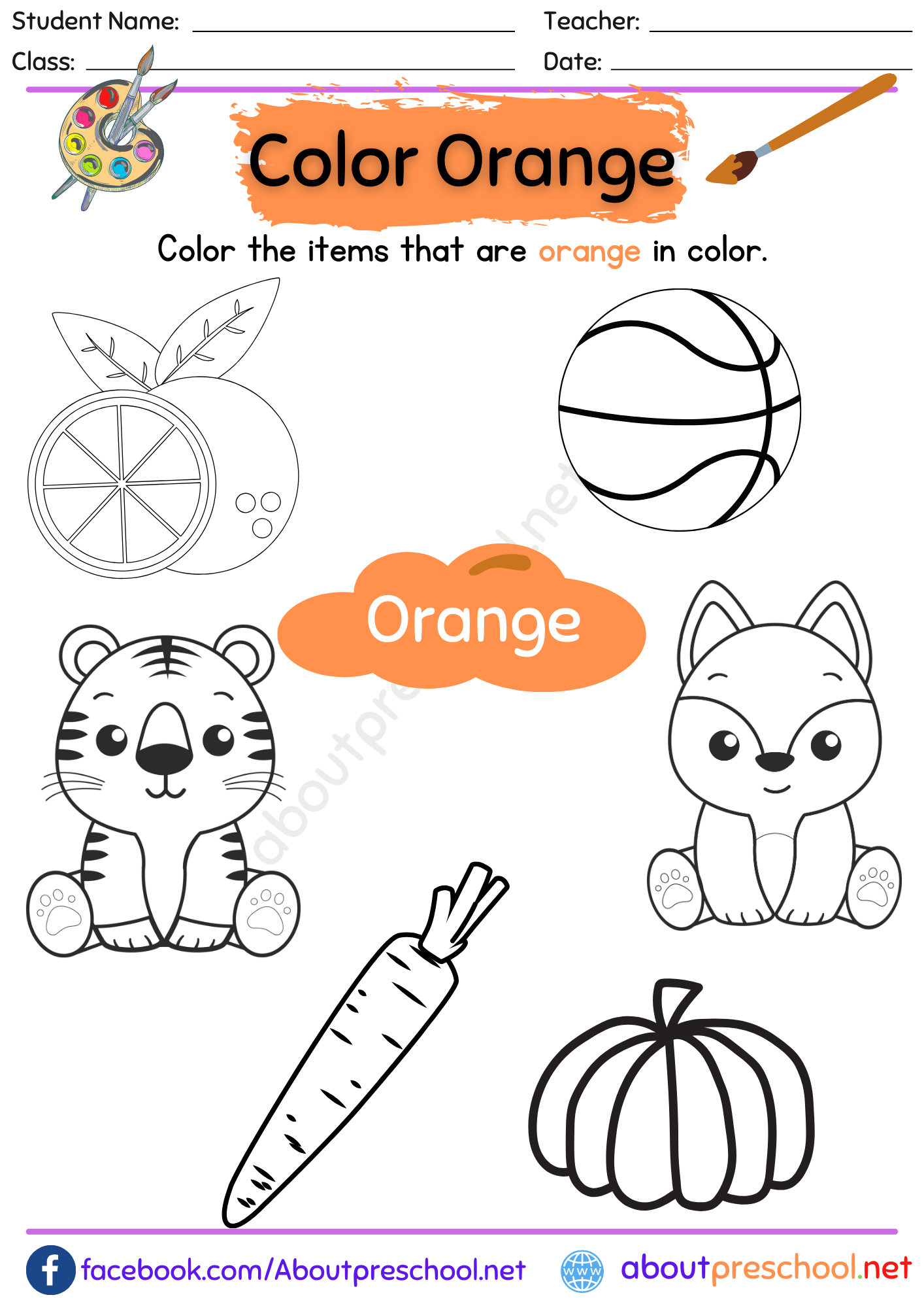 Color Orange Worksheet for Preschool