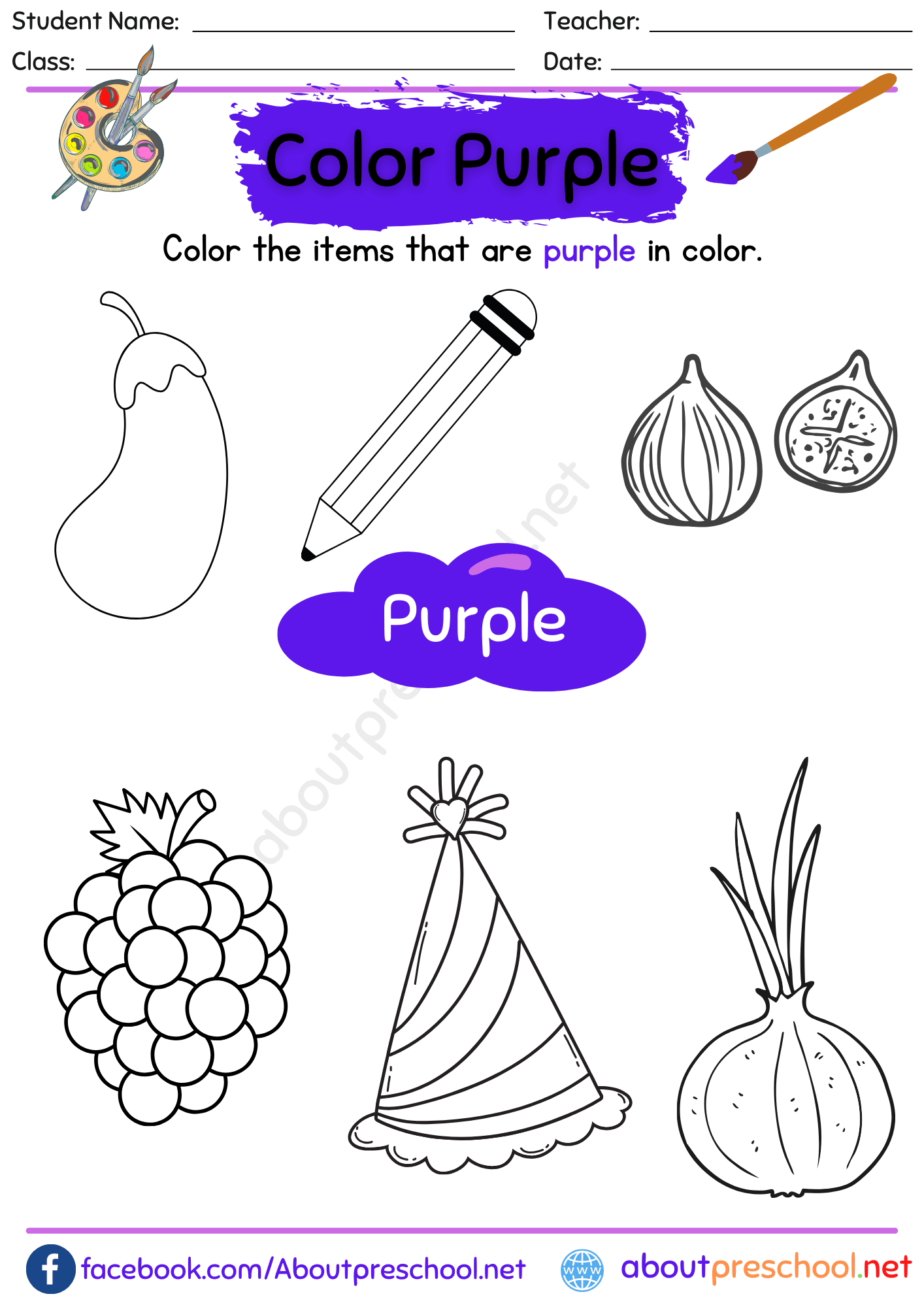 Color Purple Worksheet for Preschool