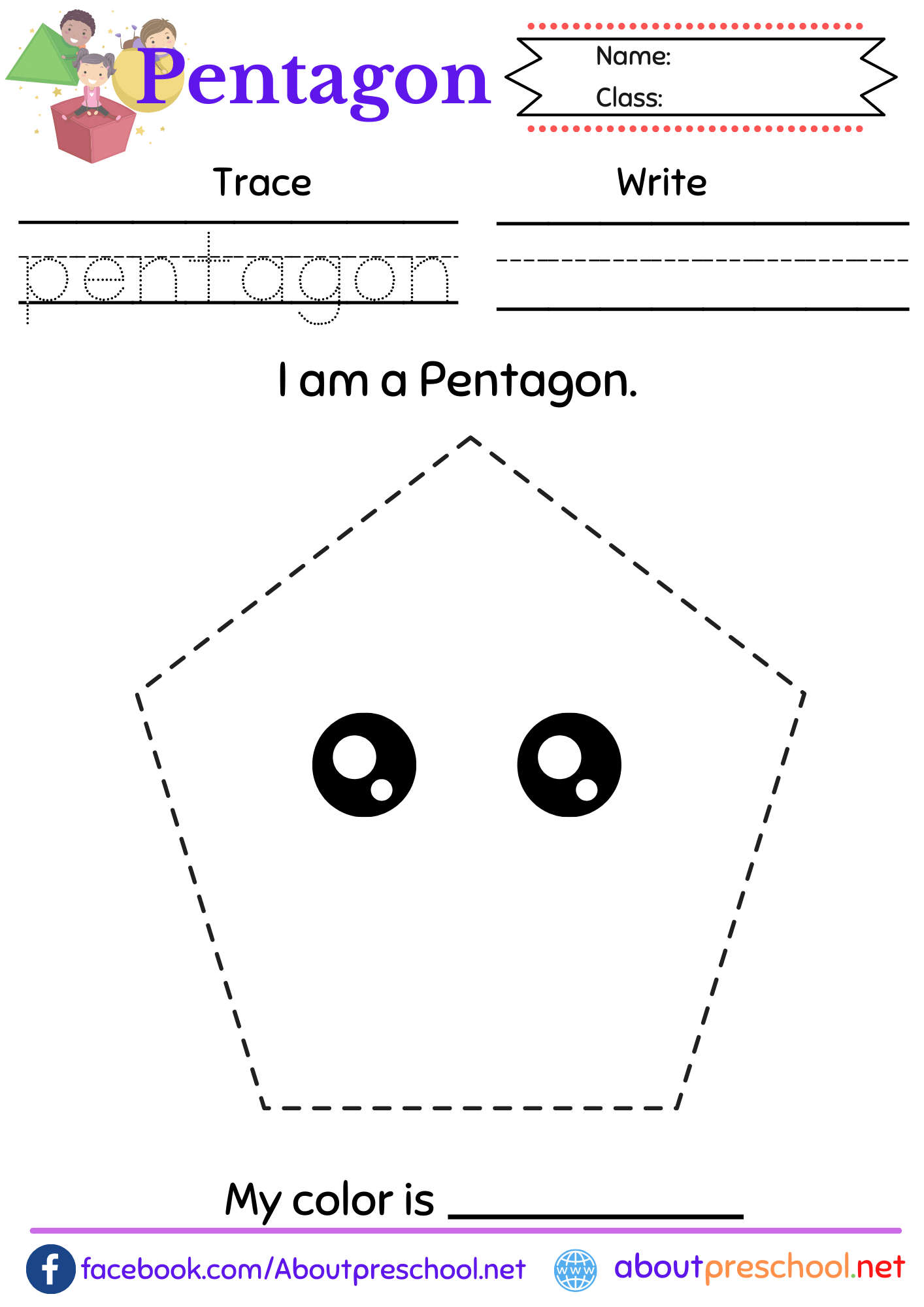 Free Trace and Color the pentagon worksheet - About Preschool