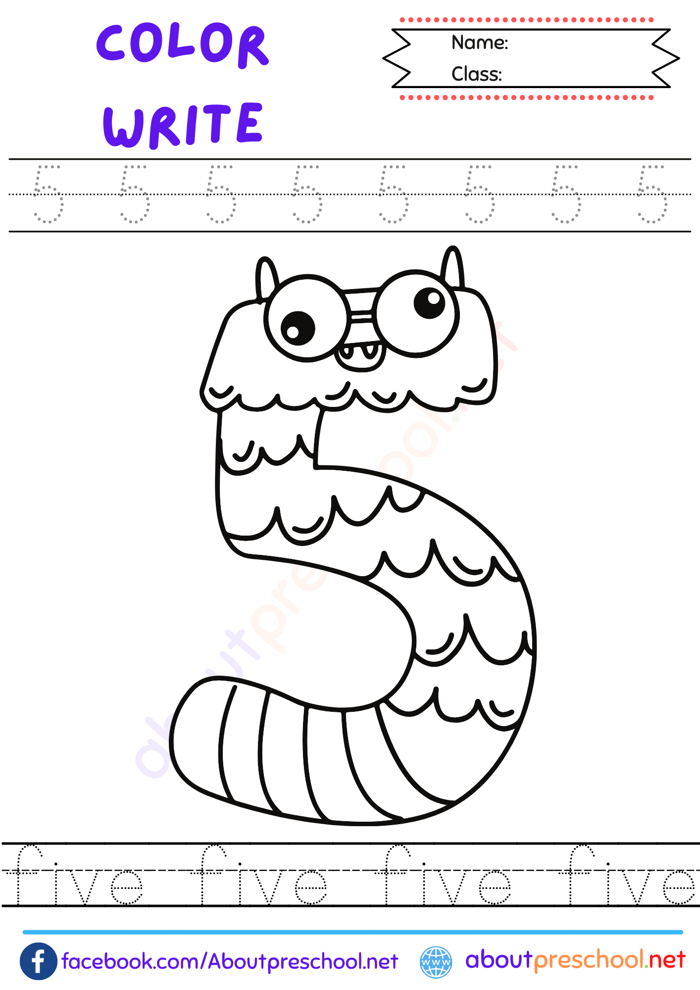 Free Number 5 Worksheet for Preschool 8 coloring page number 5