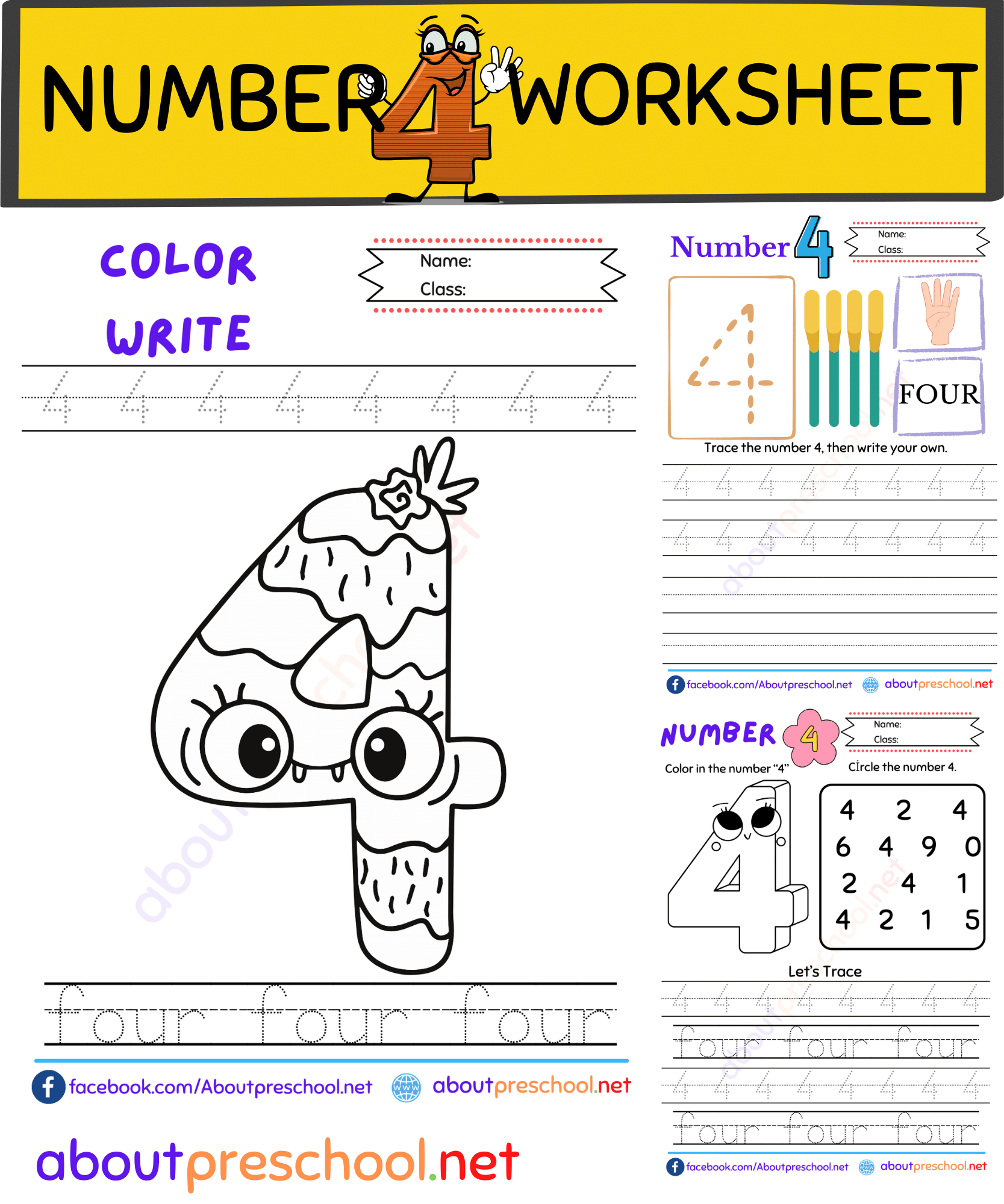 Free Number 4 Worksheet for Preschool