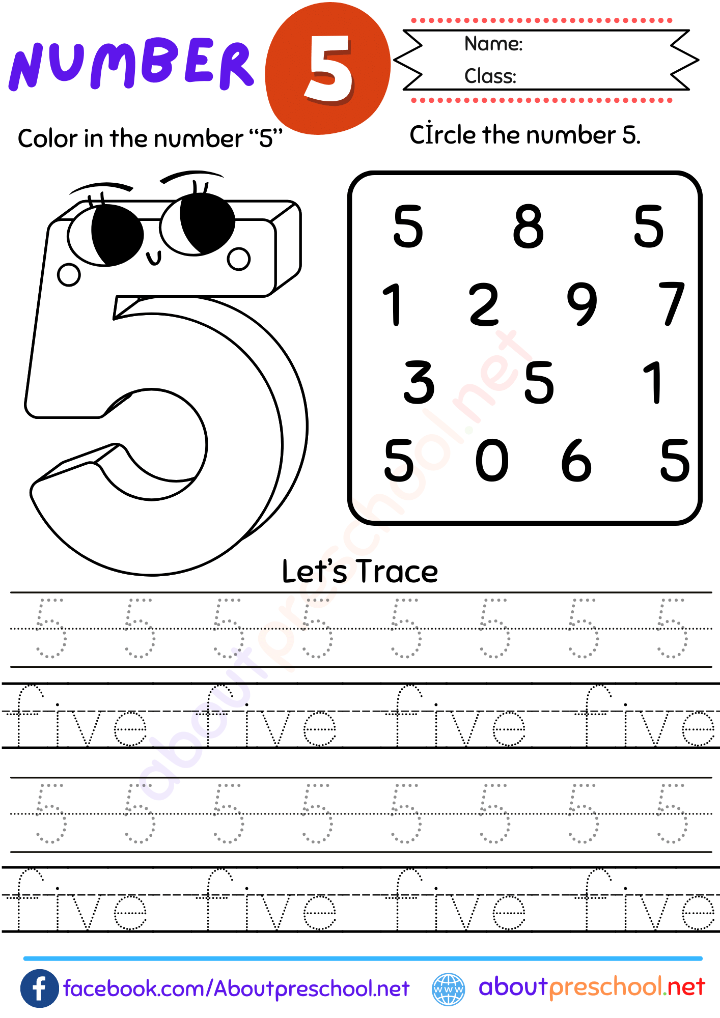 Free Number 5 Worksheet for Preschool 9 number 5 trace