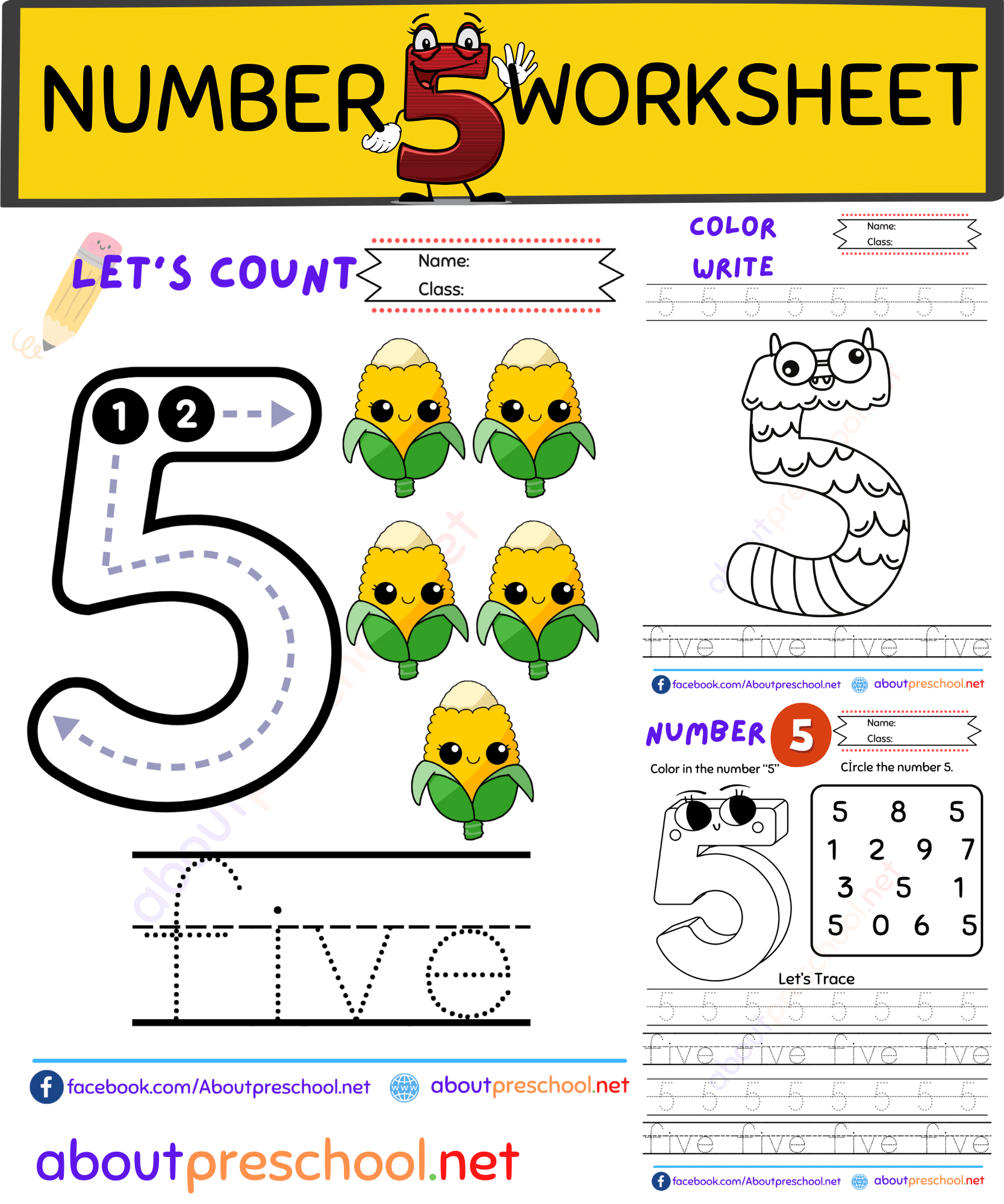 Free Number 5 Worksheet for Preschool