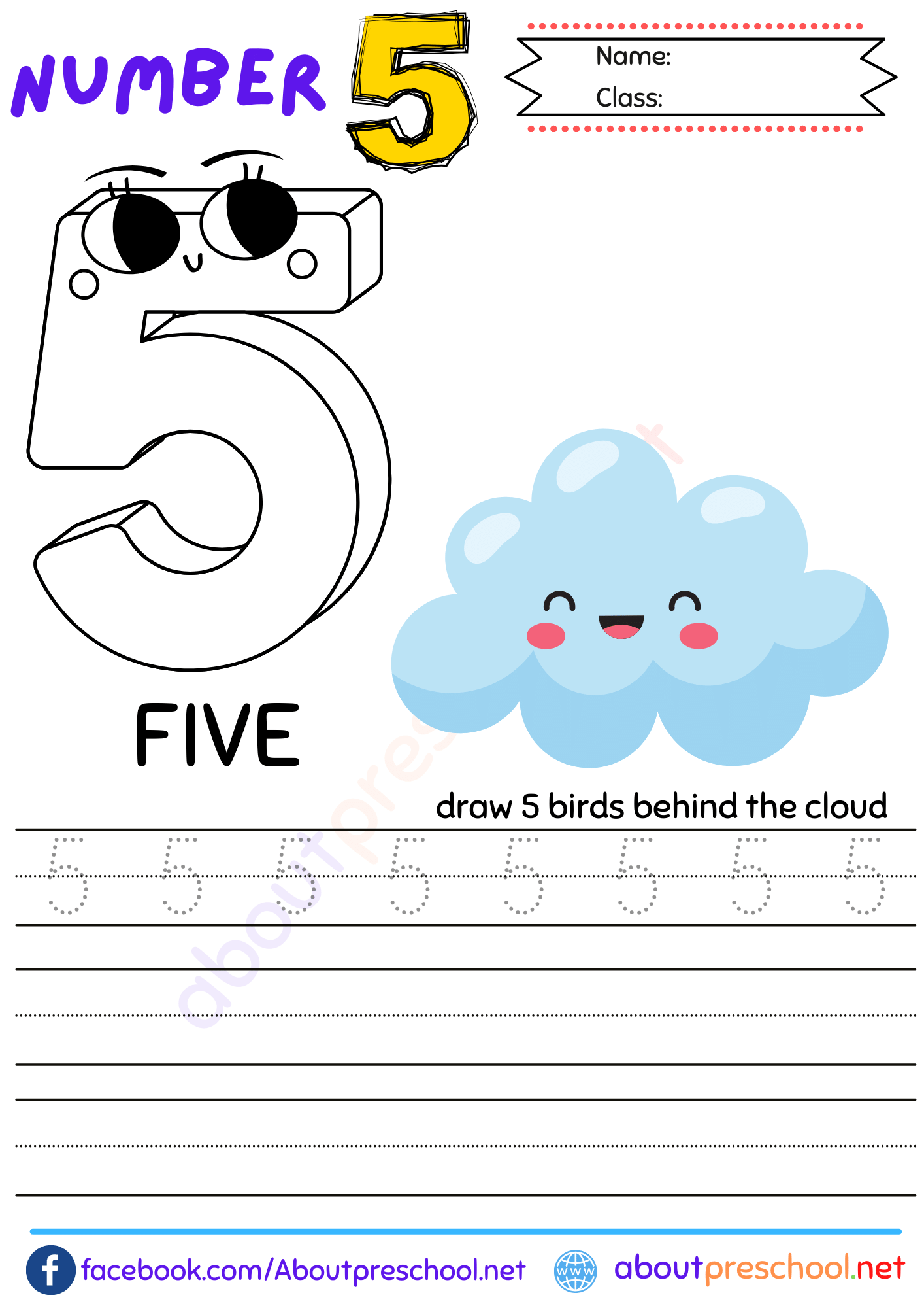 Free Number 5 Worksheet for Preschool 4 number 5