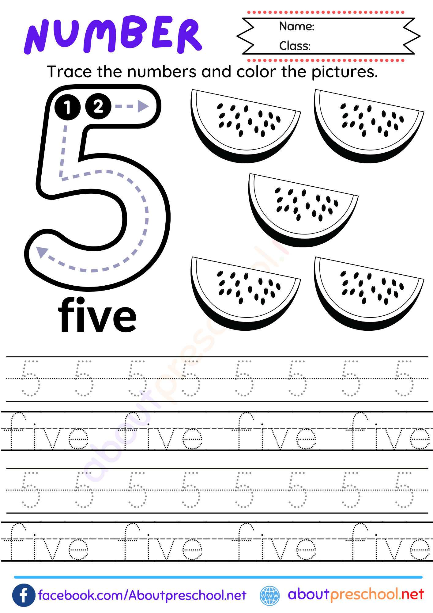 Free Number 5 Worksheet for Preschool 5 trace number 5