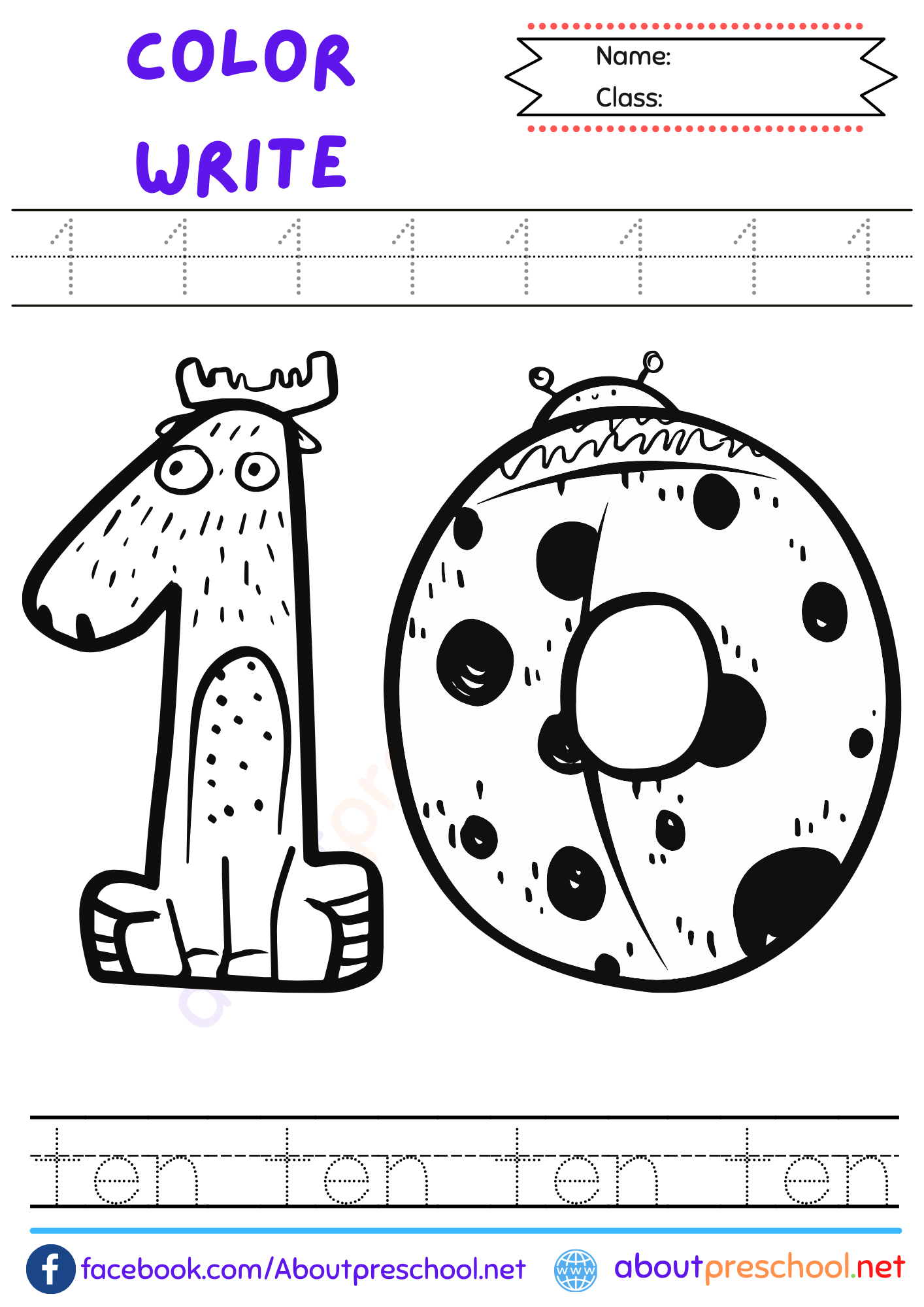 Free Number 10 Worksheet for Preschool 8 coloring page number 10