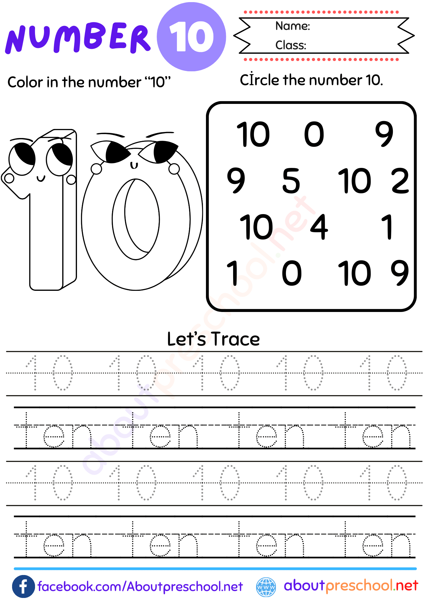 Free Number 10 Worksheet for Preschool 9 number 10 trace