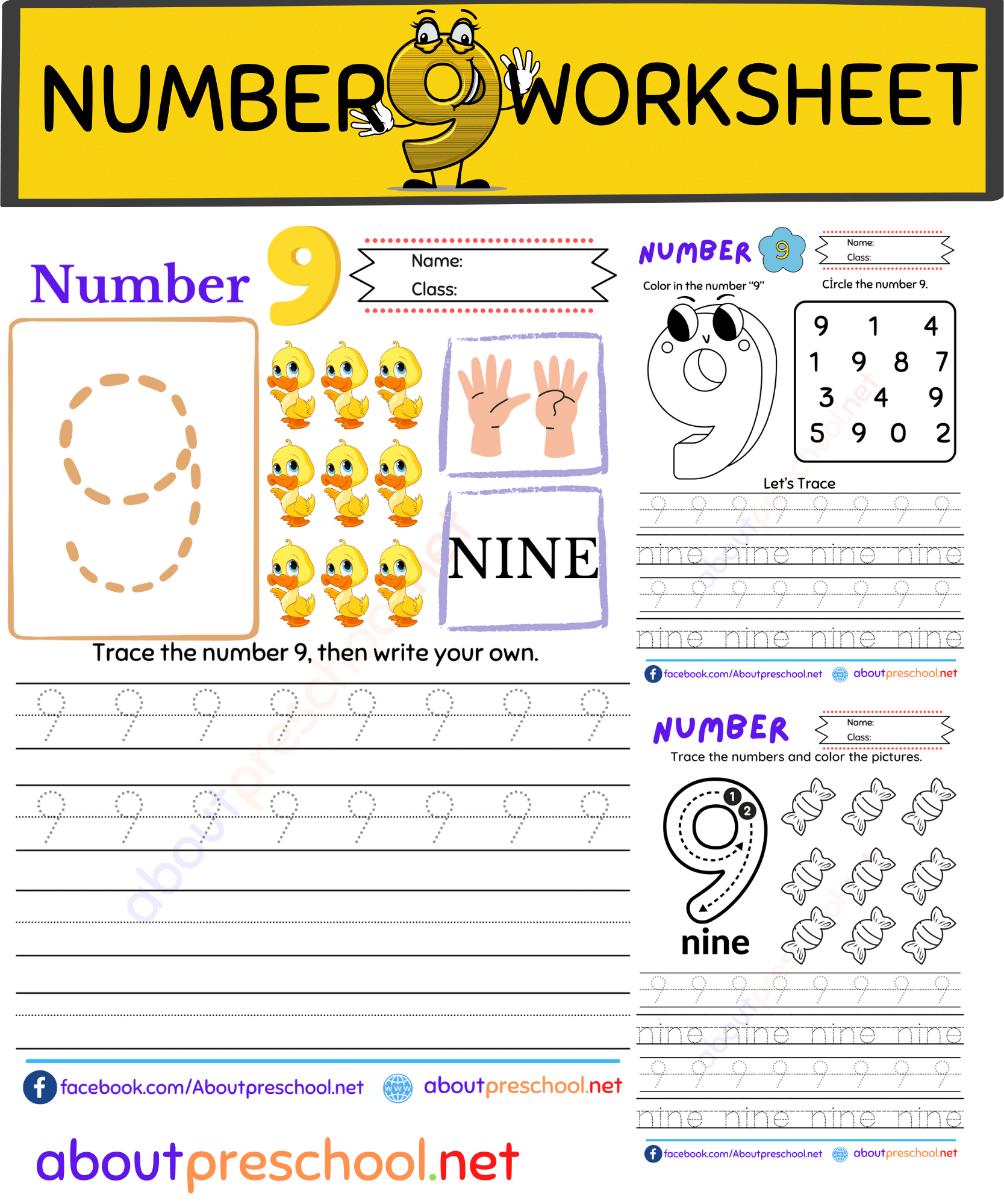 Free Number 9 Worksheet for Preschool