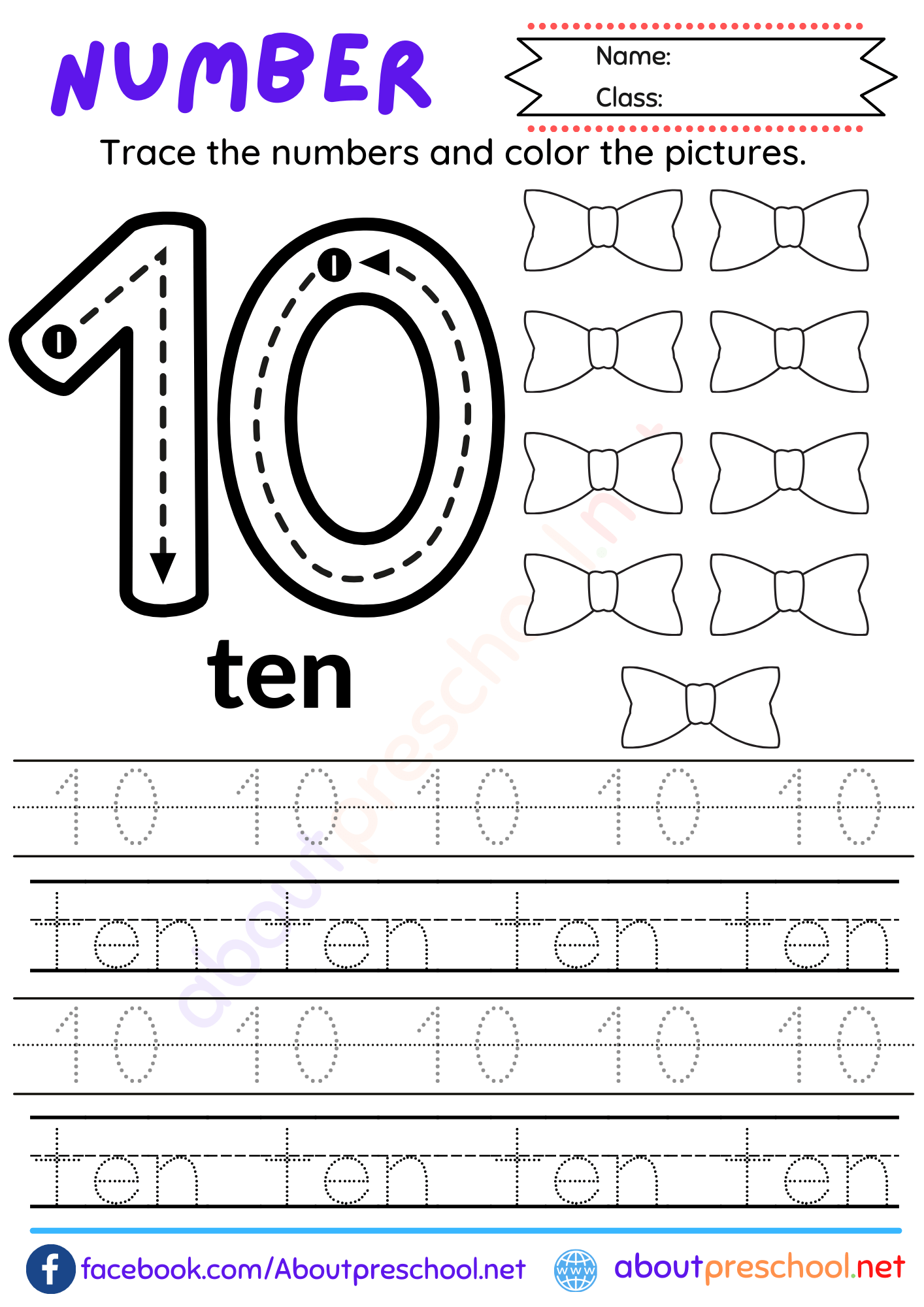 Free Number 10 Worksheet for Preschool 5 trace number 10