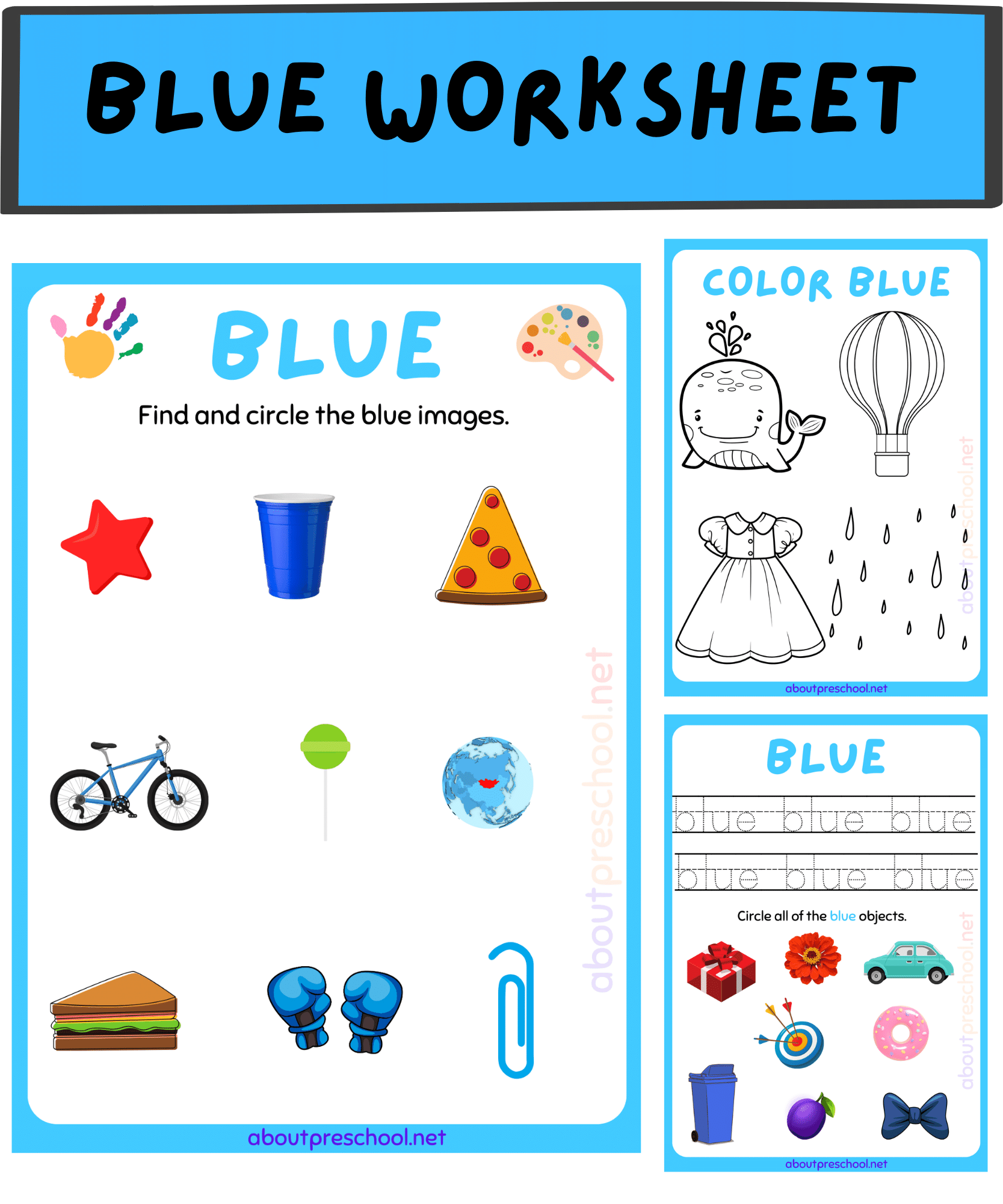Color Blue worksheets for Kindergarten