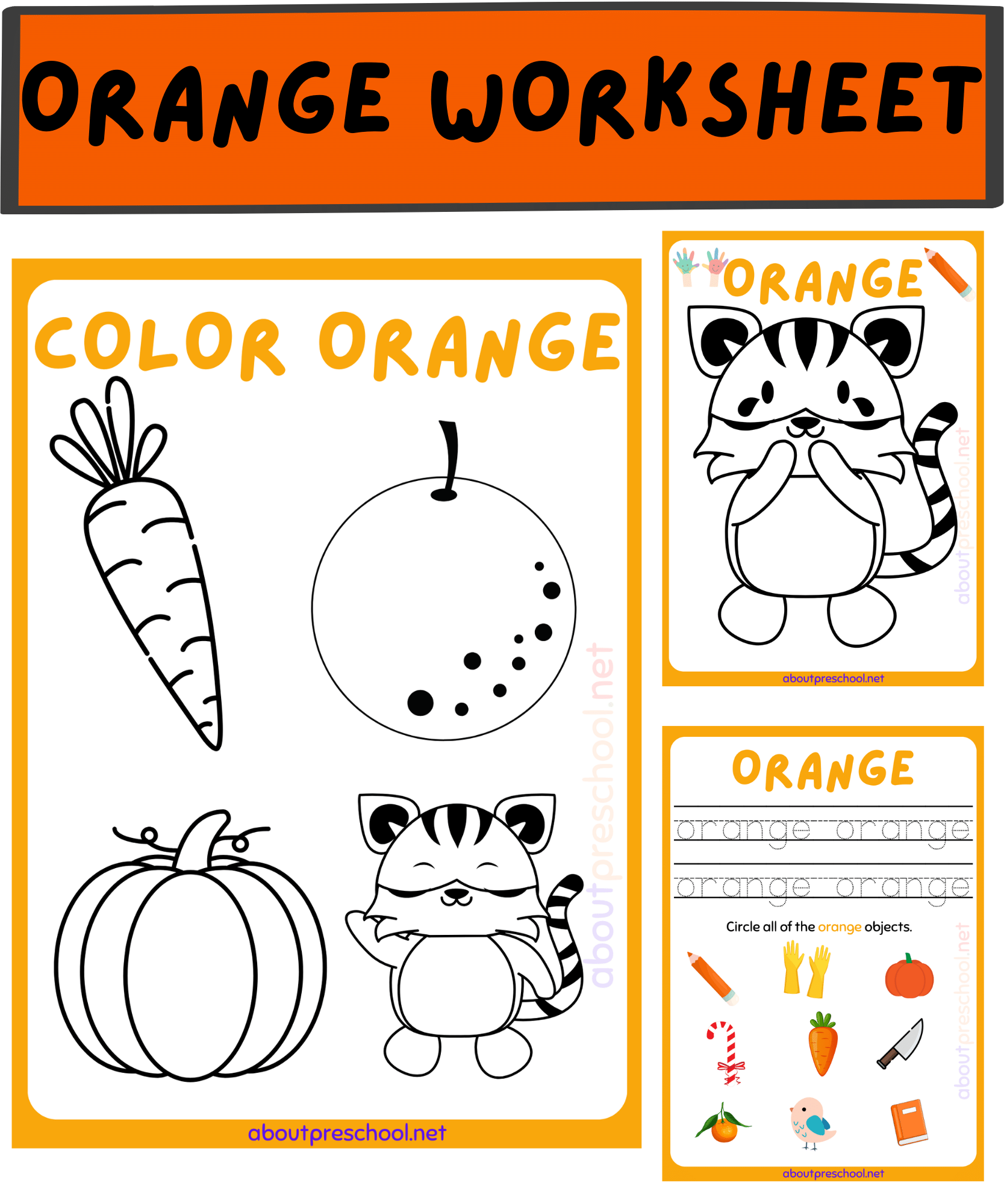 Color Orange worksheets for Kindergarten