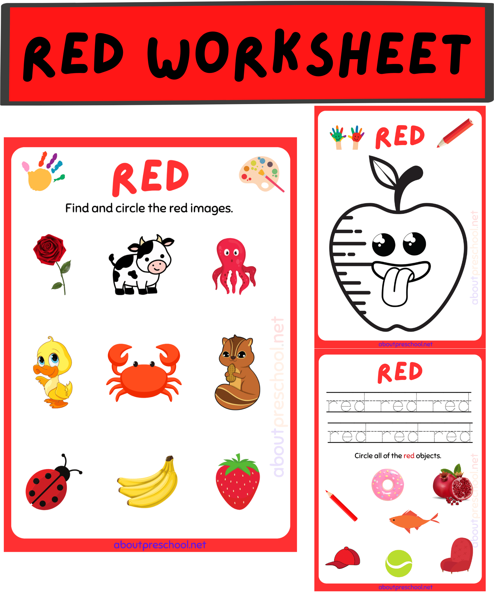 Color Red worksheets for Kindergarten