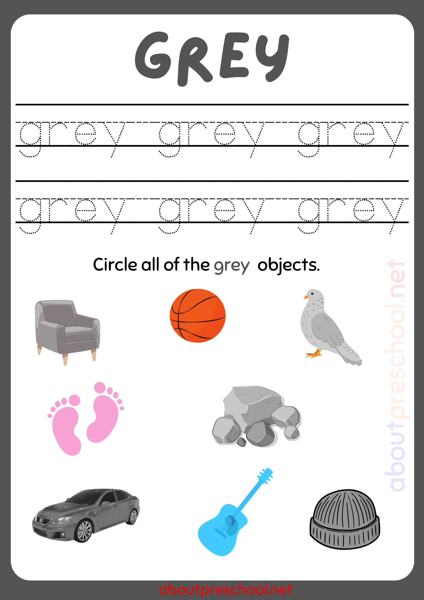 Color Grey worksheets for Kindergarten 6 Grey Worksheet